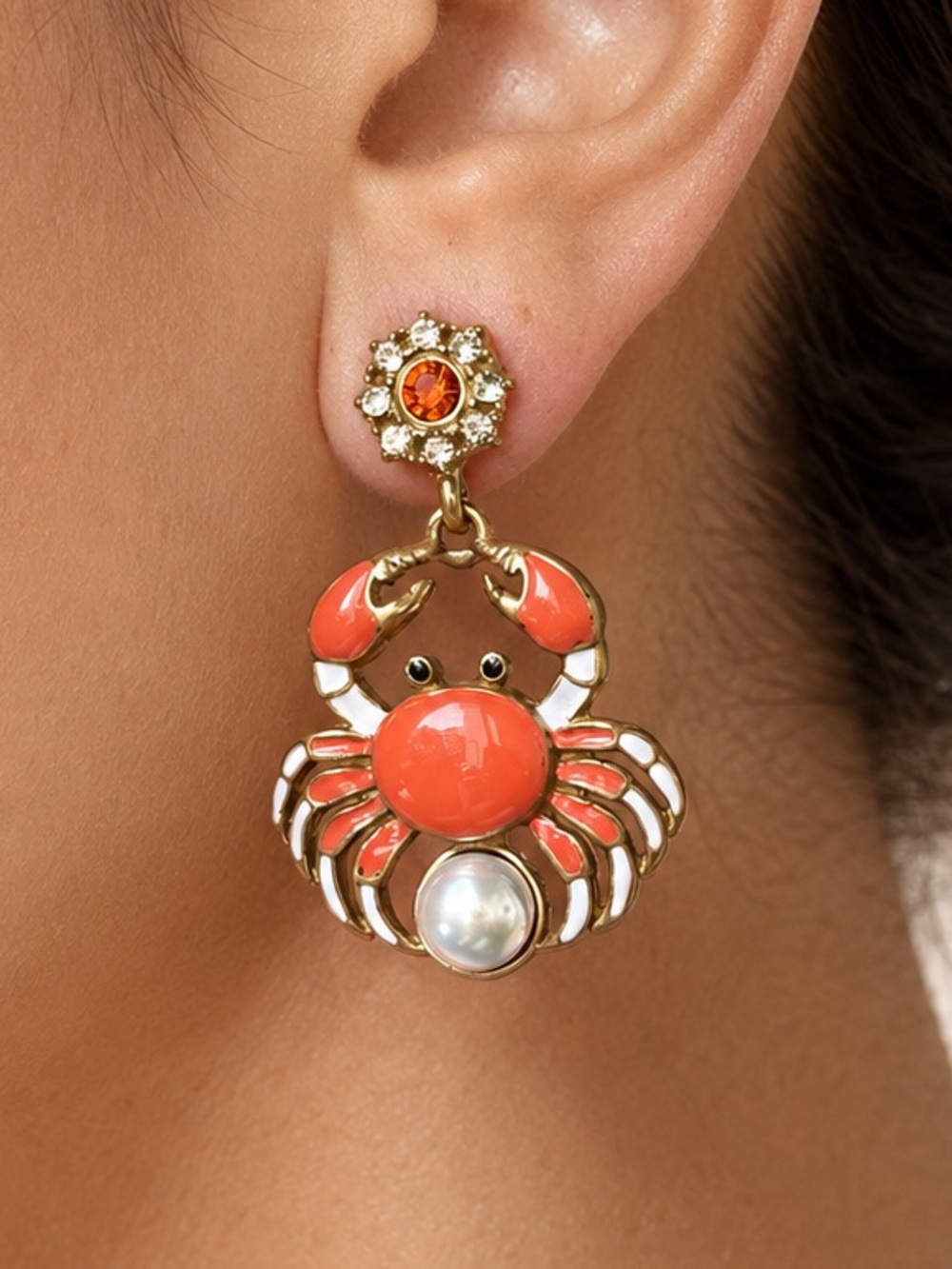 Coral Crab Statement Stud Earrings – Pearl & Crystal Gold Tone Dangle Earrings - Picture 2 of 4